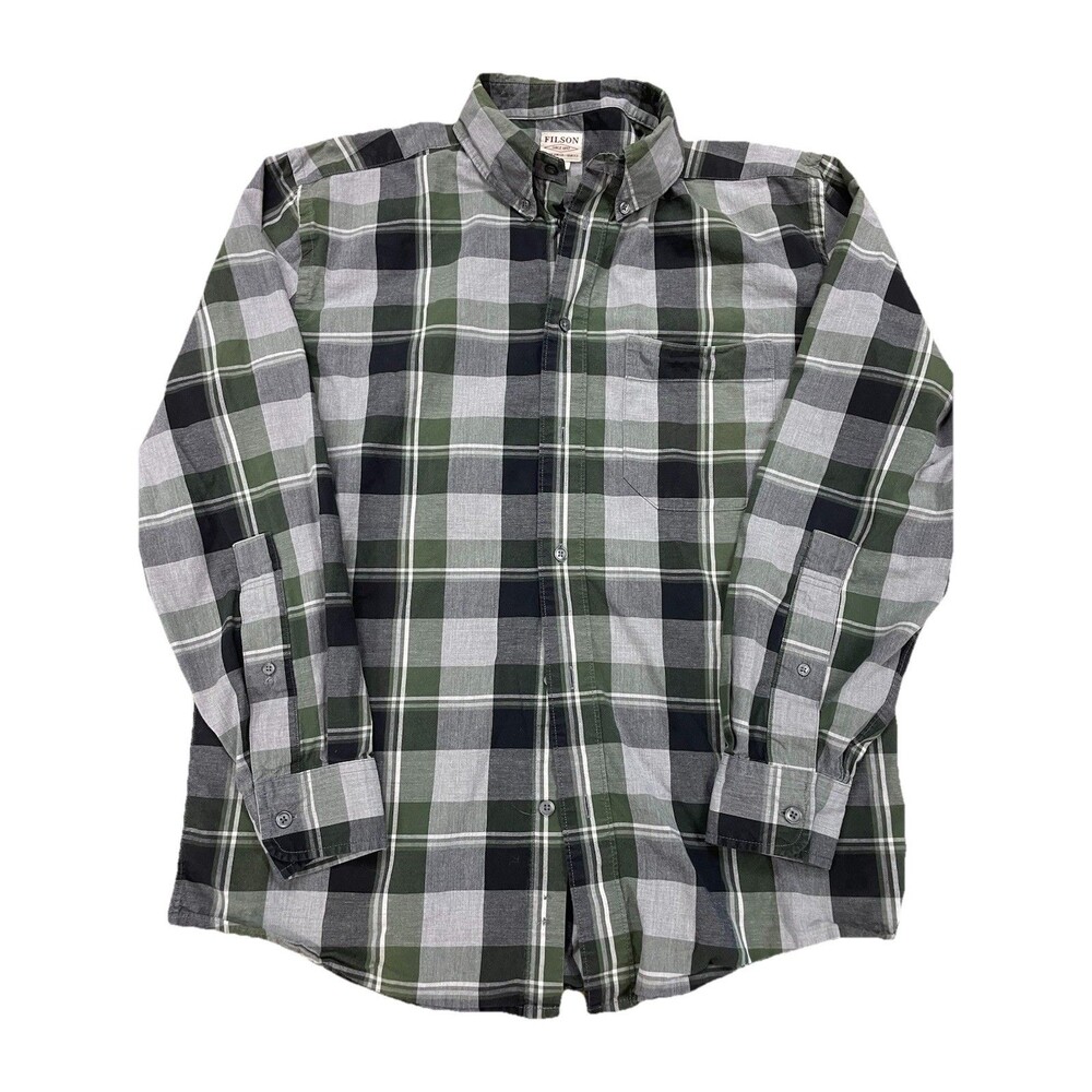 Filson Plaid Button Up Shirt Men’s Small Gray Green Black White Long Sleeve Work